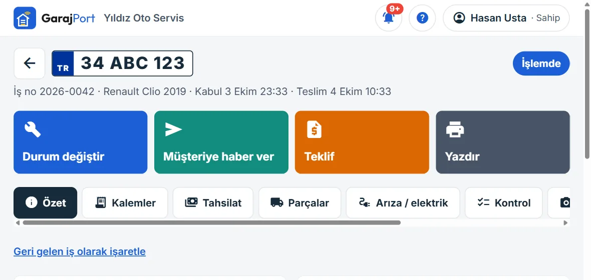 GarajPort ekranı: Her iş tek kartta