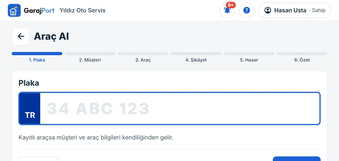 GarajPort ekranı: Aracı 2 dakikada kabul edin