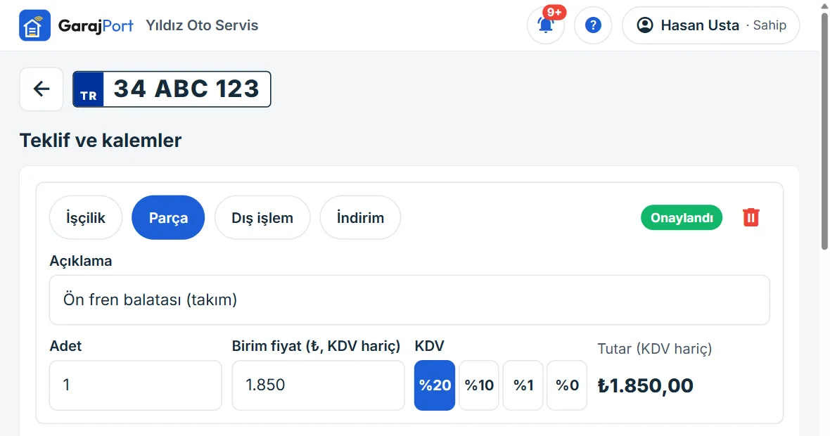 GarajPort ekranı: Teklif ve onay kayıt altında